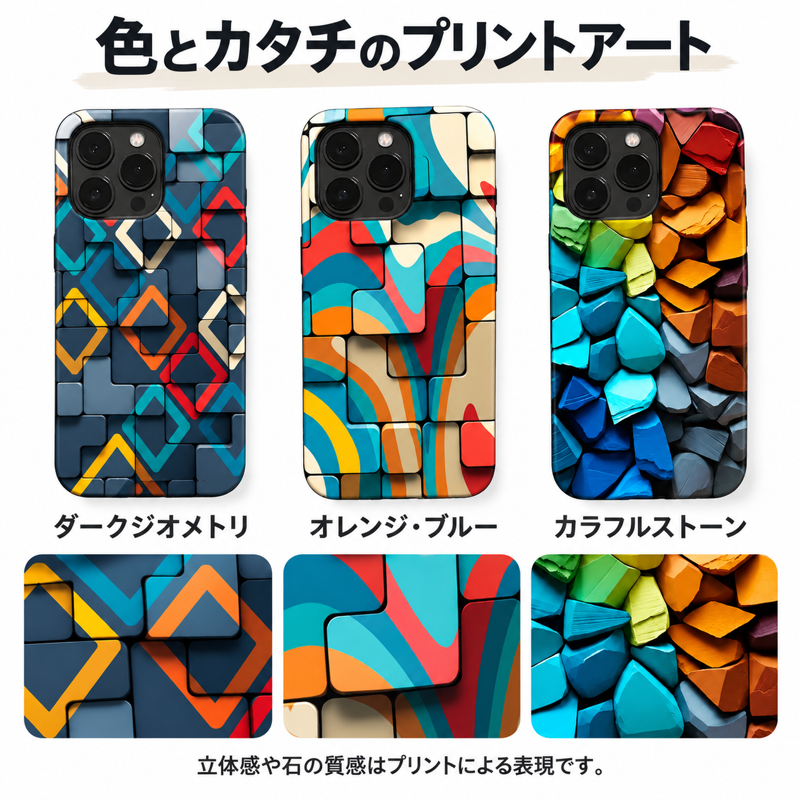 幾何学アート柄 iPhoneケースの配色とプリント柄の拡大図