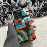 幾何学アート柄 iPhoneケース ブロック(オレンジ・ブルー) 元の装着イメージ
