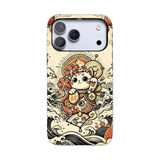 和柄アート iPhoneケース 招き猫と波(クリーム) 白背景の装着イメージ