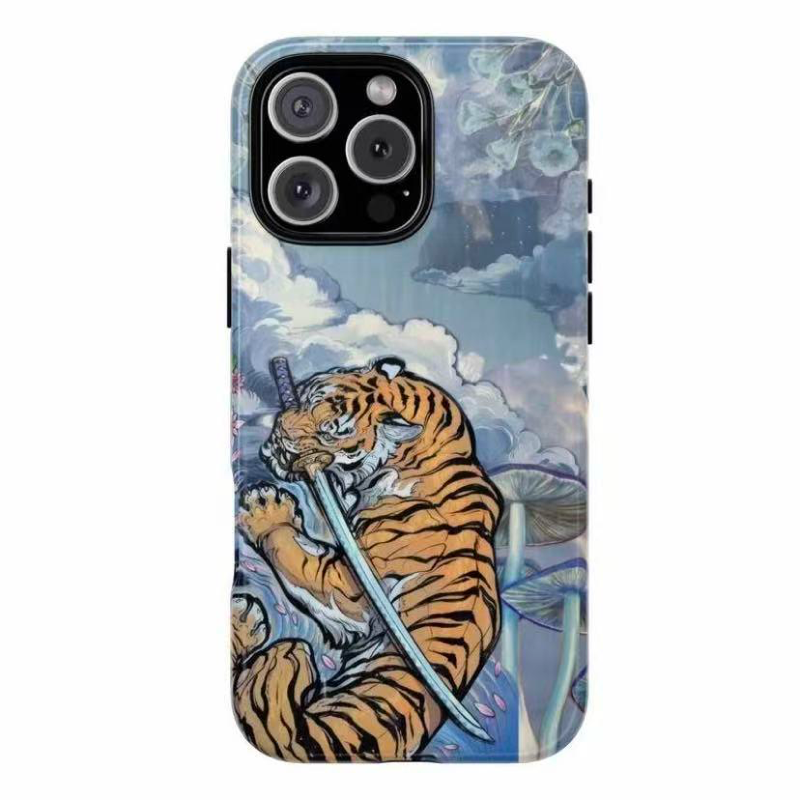和柄アート iPhoneケース 雲と虎(ブルー) 元の装着イメージ