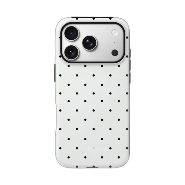 ドット&サークル柄 iPhoneケース ドット(ホワイト×ブラック) 白背景の装着イメージ