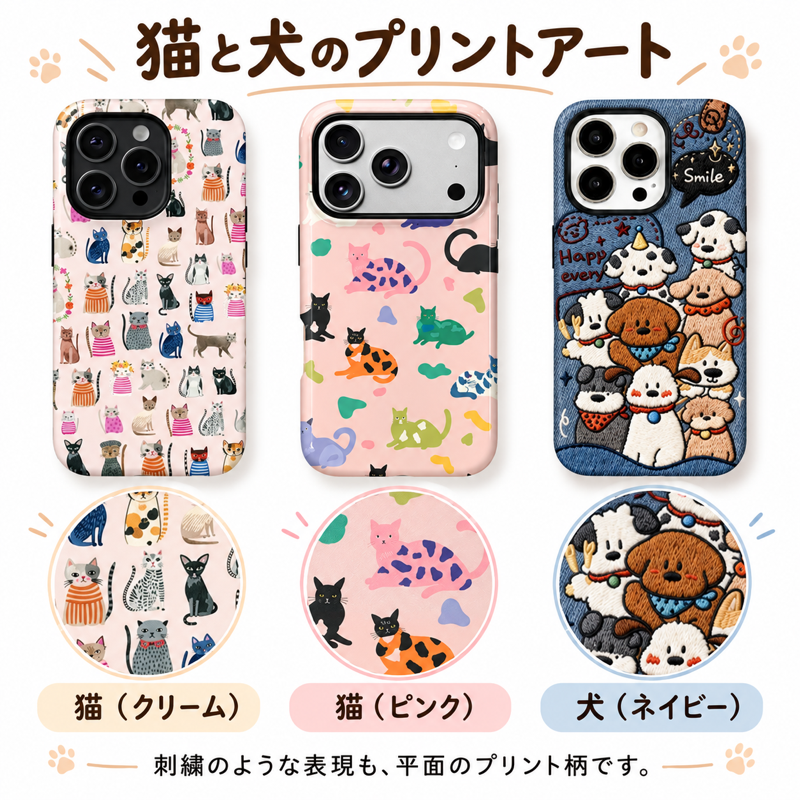 猫と犬のアート iPhoneケースの配色とプリント柄の拡大図