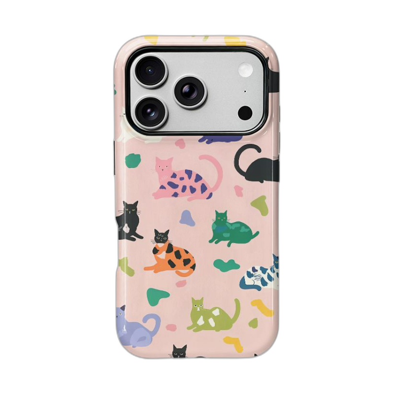 猫と犬のアート iPhoneケース 猫(ピンク) 白背景の装着イメージ
