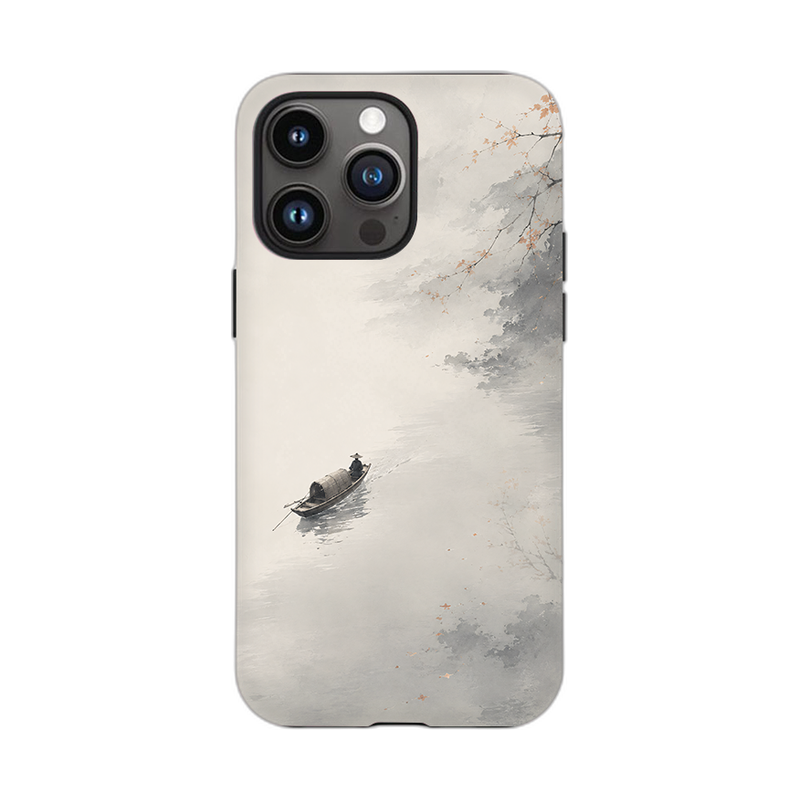 桜と水墨風景 iPhoneケース 水墨の小舟(グレー) 白背景の装着イメージ