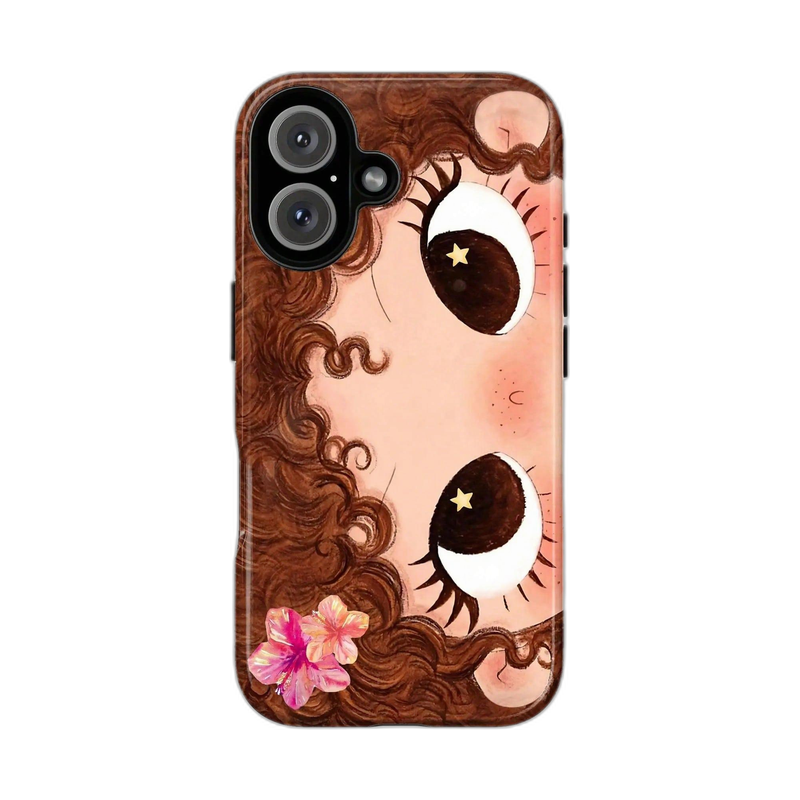 ガールイラスト iPhoneケース カーリーヘア(ブラウン) 白背景の装着イメージ