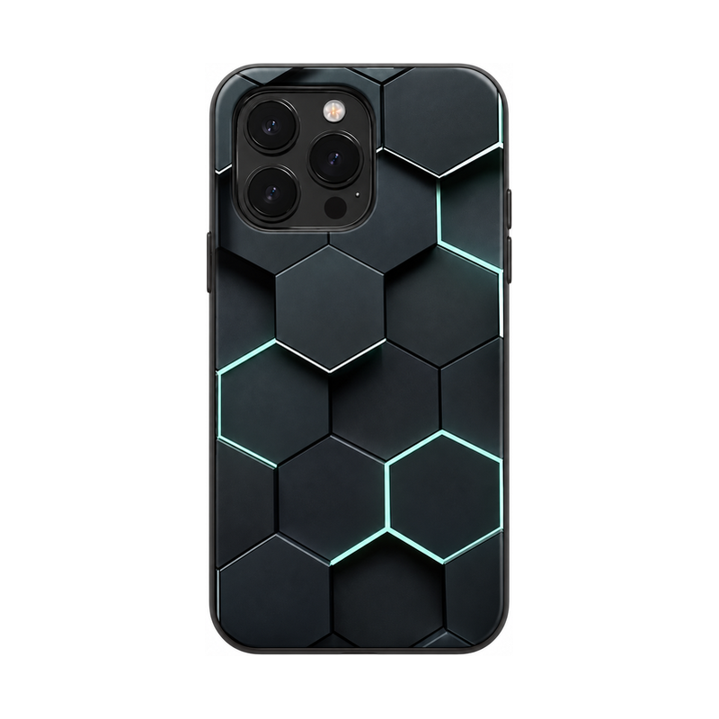iPhoneケース ブラック×シアン 正面・縦向きの白背景装着イメージ
