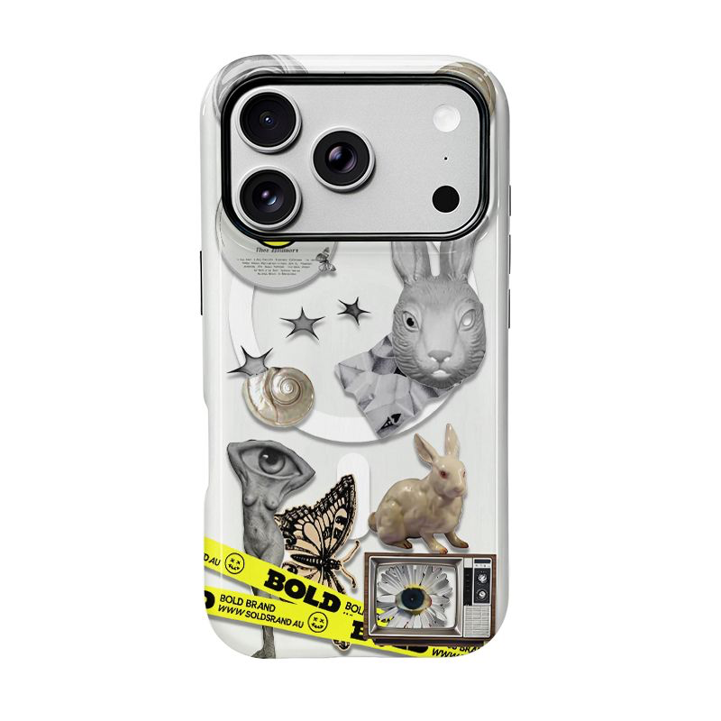 うさぎと犬のコラージュ柄 iPhoneケース コラージュ(グレー) 装着イメージ