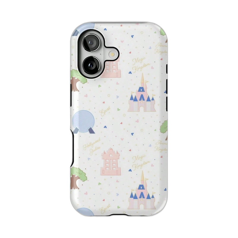 童話風の城とパステルイラスト柄 iPhoneケース キャッスル(ホワイト) 白背景の装着イメージ