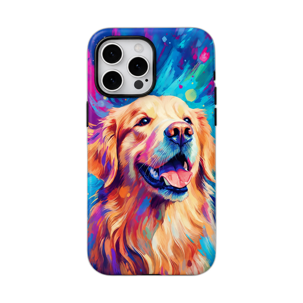 カラフルな犬と青い猫のアート柄 iPhoneケース ゴールデンレトリバー(マルチカラー) 白背景の装着イメージ