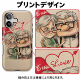 寄り添うふたりとハート柄 iPhoneケース プリント全体と人物・ハート部分の拡大イメージ