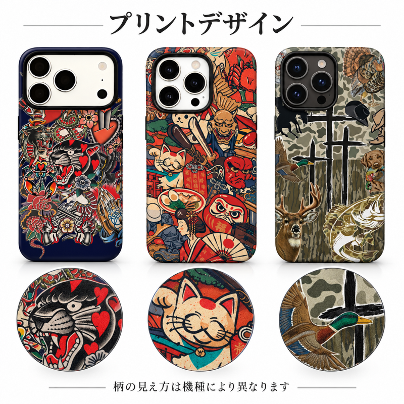 レトロなコラージュ柄 iPhoneケースの配色とプリント柄の拡大図