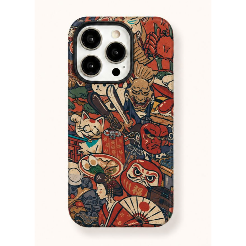 レトロなコラージュ柄 iPhoneケース 和風コラージュ(レッド) 装着イメージ