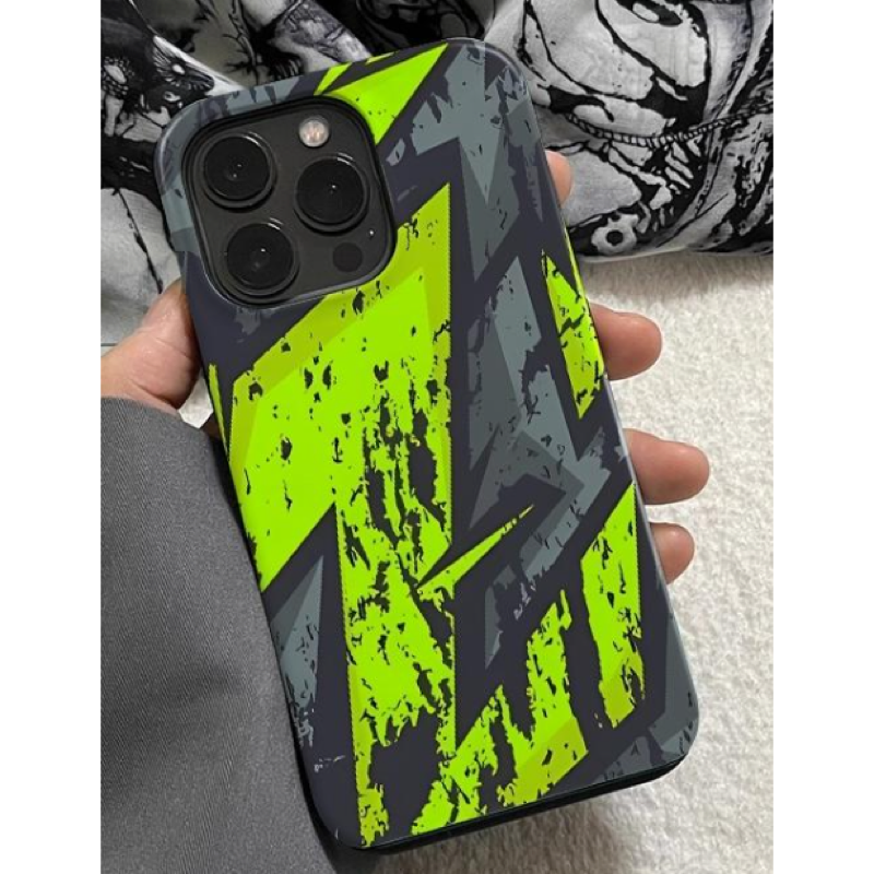 ライムイエローの稲妻柄 iPhoneケース ライトニング(ライム&グレー) 装着イメージ