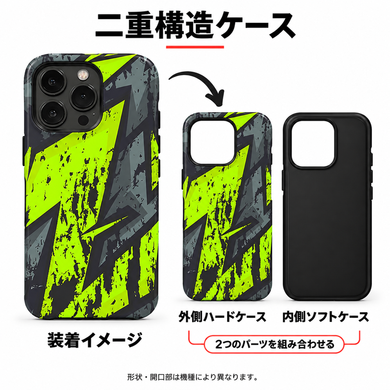 ライムイエローの稲妻柄 iPhoneケースの二重構造 外側ハードケースと内側ソフトケースの組み合わせイメージ