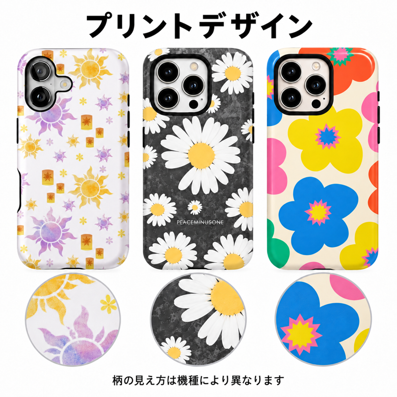 レトロな花と太陽柄 iPhoneケースの配色とプリント柄の拡大図