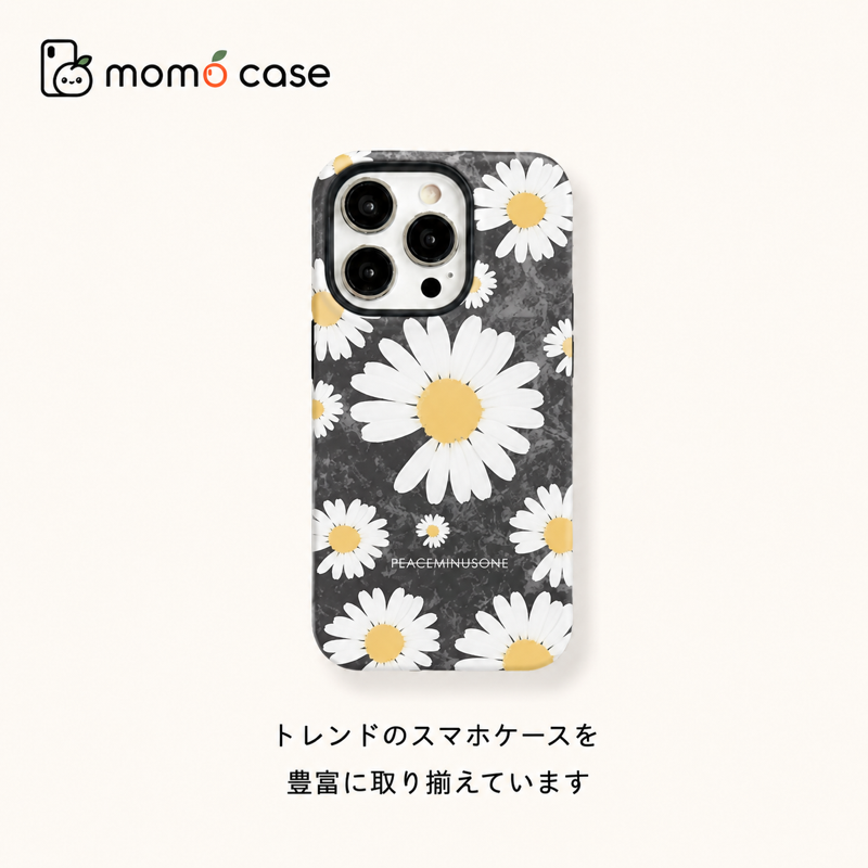 レトロな花と太陽柄 iPhoneケース デイジー(ブラック) 装着イメージ