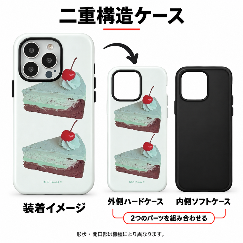 ケーキとリボンチェリー柄 iPhoneケースの二重構造 外側ハードケースと内側ソフトケースの組み合わせイメージ