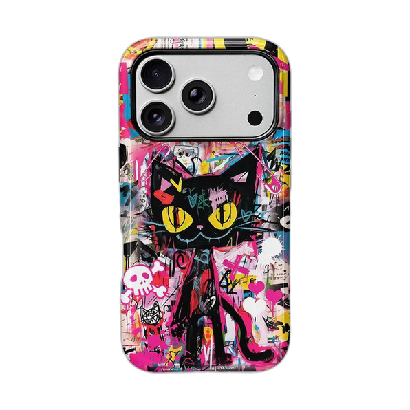 ストリート風コラージュ柄 iPhoneケース グラフィティキャット(ピンク) 白背景の装着イメージ