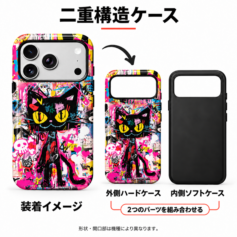 ストリート風コラージュ柄 iPhoneケースの二重構造 外側ハードケースと内側ソフトケースの組み合わせイメージ