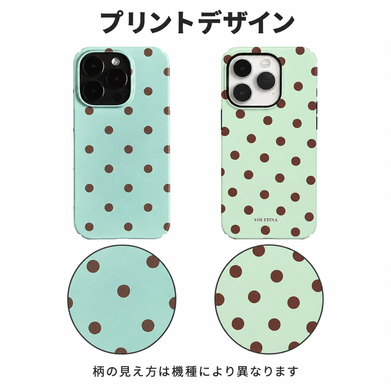 ミントカラーのブラウンドット柄 iPhoneケースの配色とプリント柄の拡大図