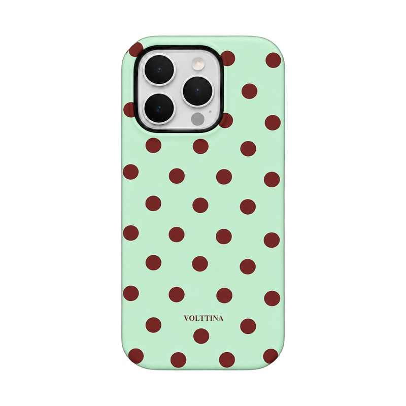 ミントカラーのブラウンドット柄 iPhoneケース ドットB(ミントグリーン) 白背景の装着イメージ