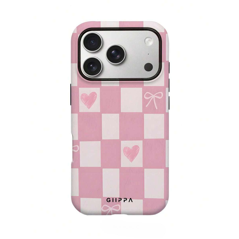 パッチワークとリボン柄 iPhoneケース ハートチェック(ピンク) 装着イメージ