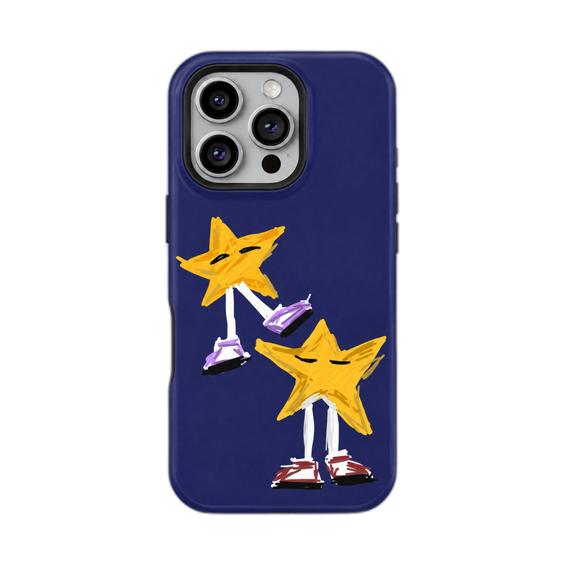 星柄プリント iPhoneケース イエロースター(ネイビー) 白背景の装着イメージ