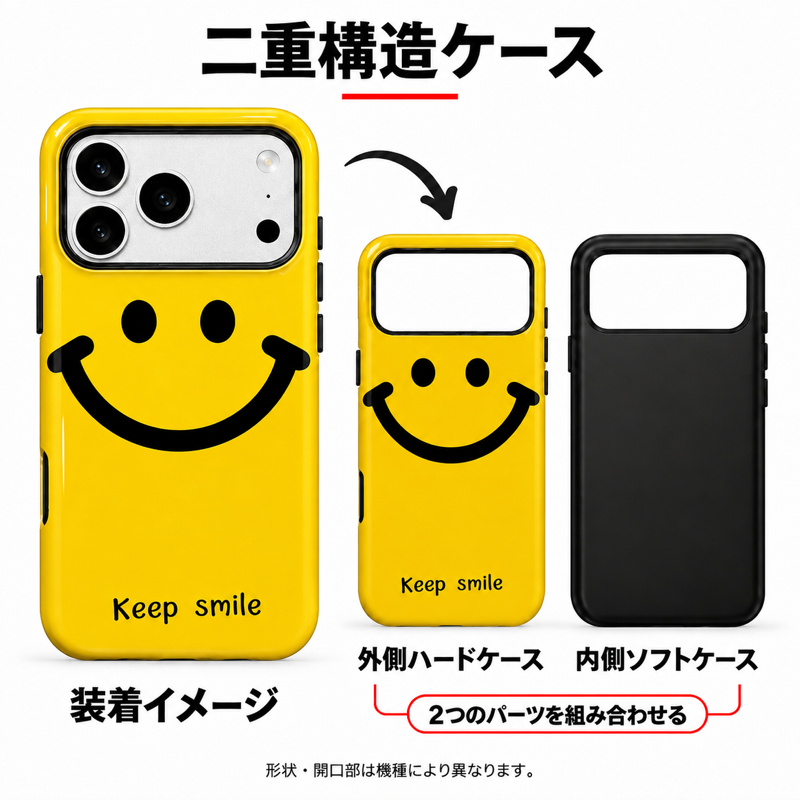 笑顔のフルーツとスマイル柄 iPhoneケースの二重構造 外側ハードケースと内側ソフトケースの組み合わせイメージ