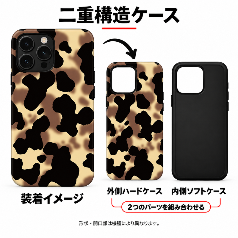 アニマル風の不規則な斑点柄 iPhoneケースの二重構造 外側ハードケースと内側ソフトケースの組み合わせイメージ