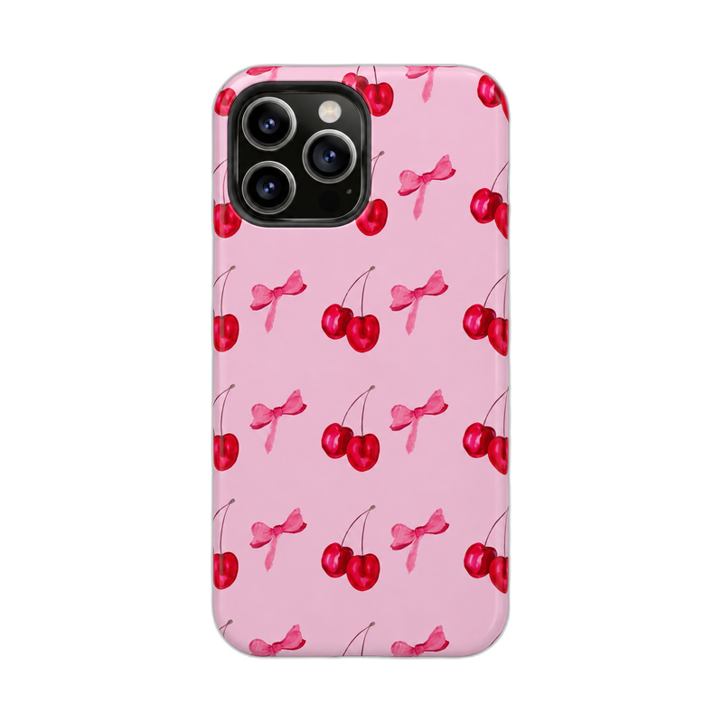チェリーとストロベリー柄 iPhoneケース チェリーとリボン(ピンク) 白背景の装着イメージ