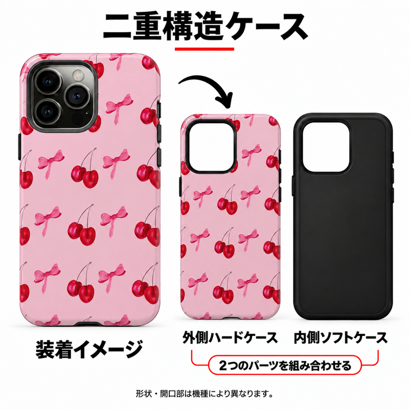 チェリーとストロベリー柄 iPhoneケースの二重構造 外側ハードケースと内側ソフトケースの組み合わせイメージ