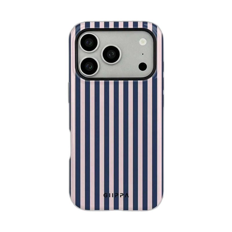 チェックとストライプ柄 iPhoneケース ストライプ(ネイビー・ピンク) 白背景の装着イメージ