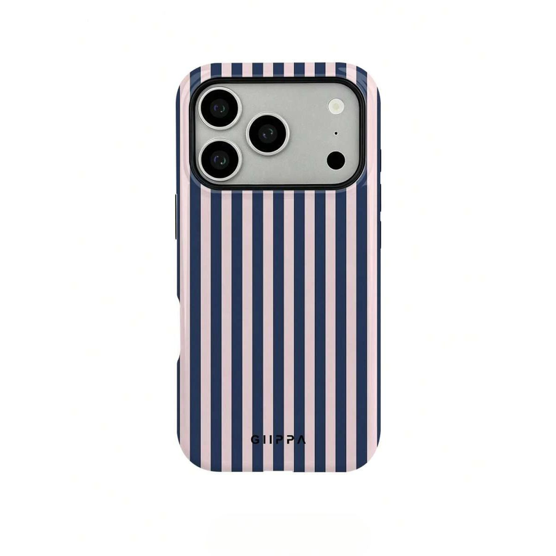 チェックとストライプ柄 iPhoneケース ストライプ(ネイビー・ピンク) 装着イメージ