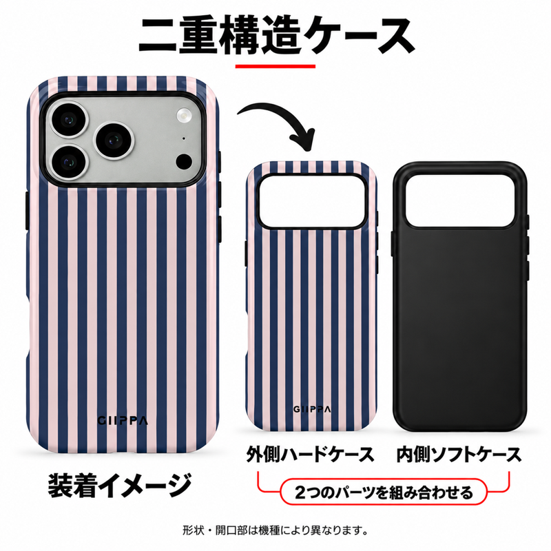 チェックとストライプ柄 iPhoneケースの二重構造 外側ハードケースと内側ソフトケースの組み合わせイメージ