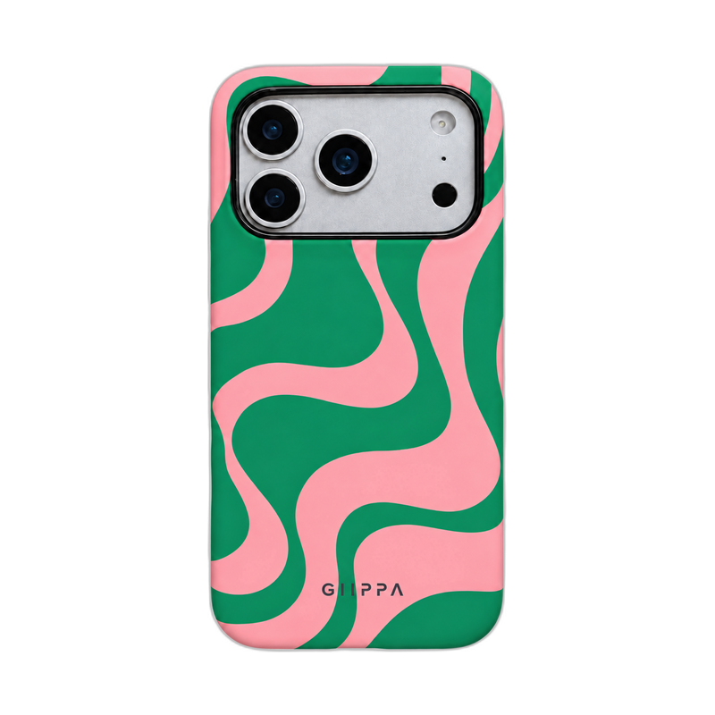 バイカラーのウェーブ柄 iPhoneケース グリーン・ピンク 白背景の装着イメージ