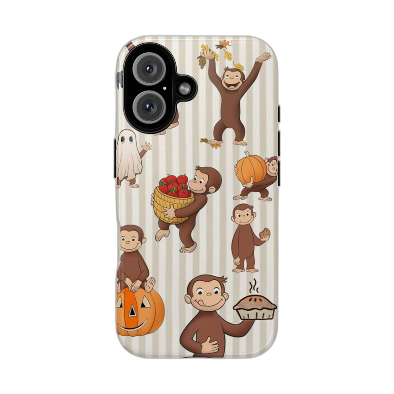モンキーとストライプ柄 iPhoneケース モンキー・ベージュ 白背景の装着イメージ