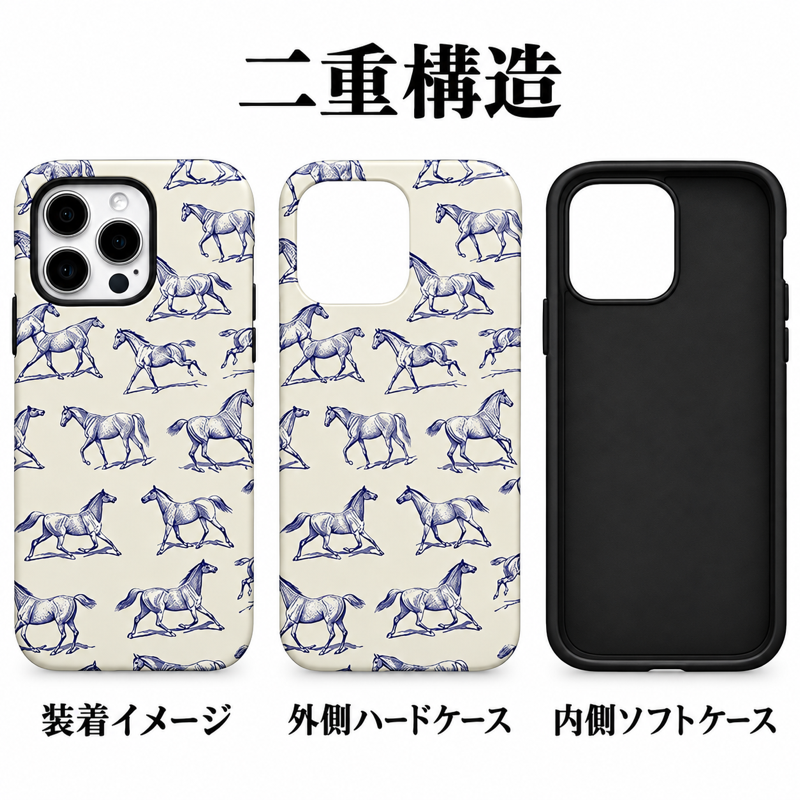 ホース柄の総柄プリント iPhoneケースの二重構造 外側ハードケースと内側ソフトケースの組み合わせイメージ