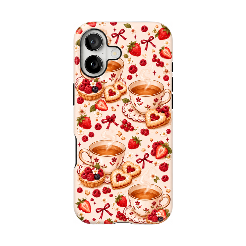 ティーカップとベリーの焼き菓子柄のiPhoneケースの装着イメージ、白背景の背面図