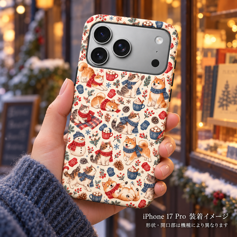 冬のなかまたち(アイボリー)柄のケースを装着したiPhone 17 Proを手に持つ装着イメージ