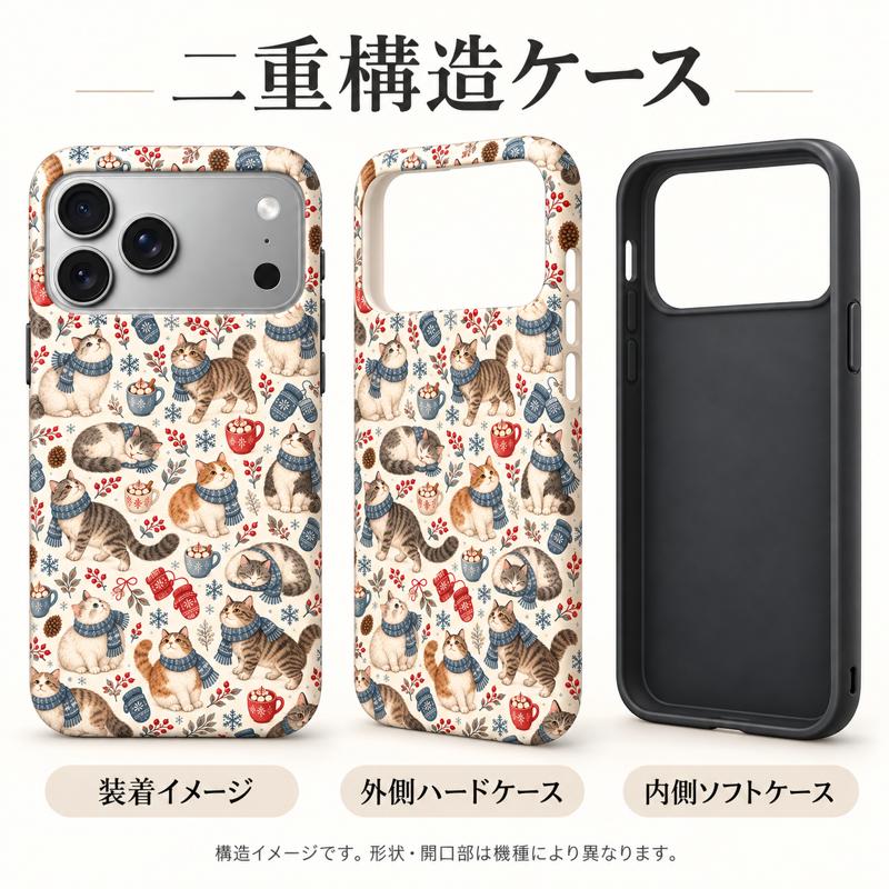 冬の動物柄の装着イメージ、外側ハードケース、内側ソフトケースを並べた二重構造の説明図