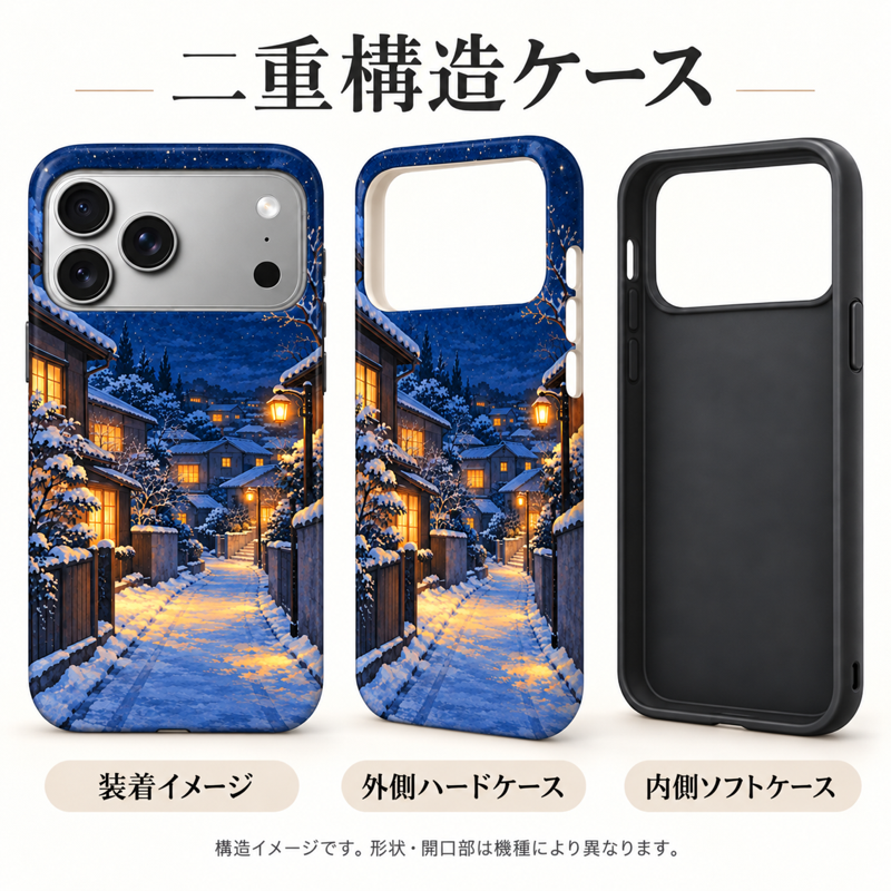 冬の夜景柄の装着イメージ、外側ハードケース、内側ソフトケースを並べた二重構造の説明図