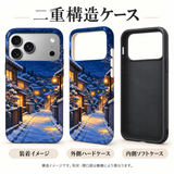冬の夜景柄の装着イメージ、外側ハードケース、内側ソフトケースを並べた二重構造の説明図