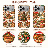 クリスマスマーケット柄のiPhoneケース3柄の装着イメージとプリント拡大表示