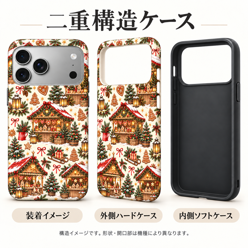 クリスマスマーケット柄の装着イメージ、外側ハードケース、内側ソフトケースを並べた二重構造の説明図