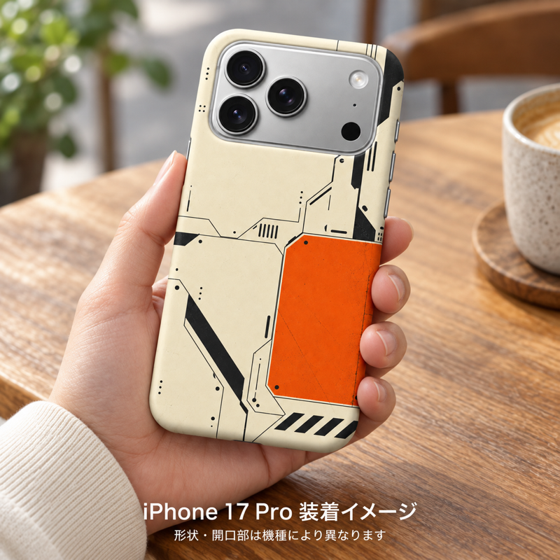 アイボリーオレンジプレート柄のケースを装着したiPhone 17 Proを手に持つ装着イメージ