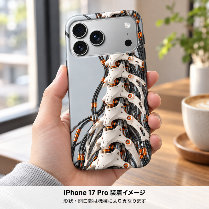 ホワイトメカニカルスパイン柄のケースを装着したiPhone 17 Proを手に持つ装着イメージ