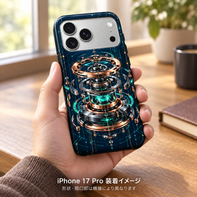 コッパーメカニズム柄のケースを装着したiPhone 17 Proを手に持つ装着イメージ