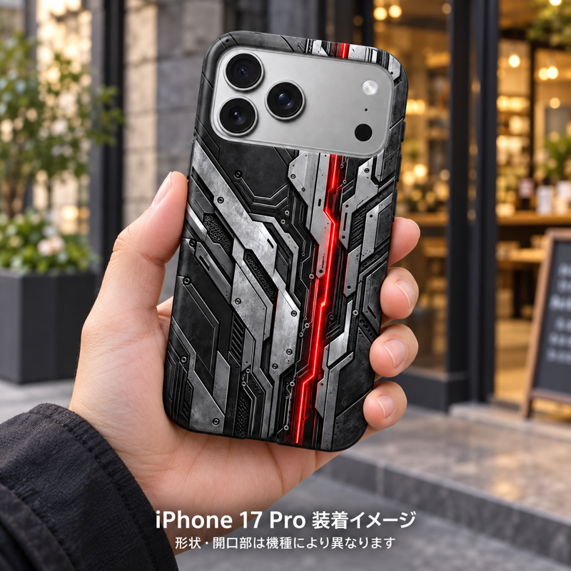 ブラックシルバーアーマー柄のケースを装着したiPhone 17 Proを手に持つ装着イメージ