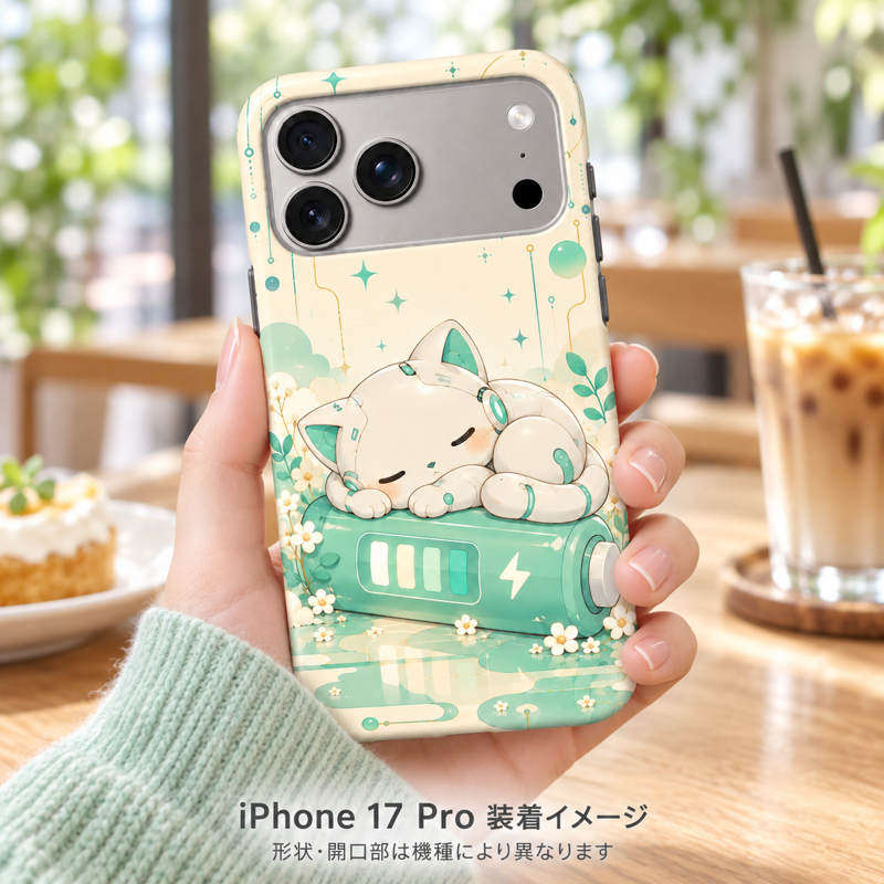 チャージングロボットキャット柄のケースを装着したiPhone 17 Proを手に持つ装着イメージ