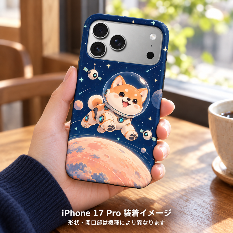 スペースロボットドッグ柄のケースを装着したiPhone 17 Proを手に持つ装着イメージ